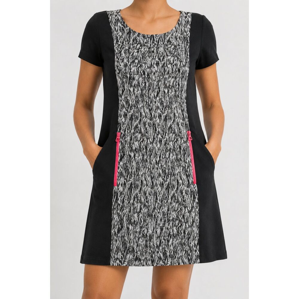 Cop Copine Dress 38 Black White Abstract Print Pink Zip Pocket Shift
